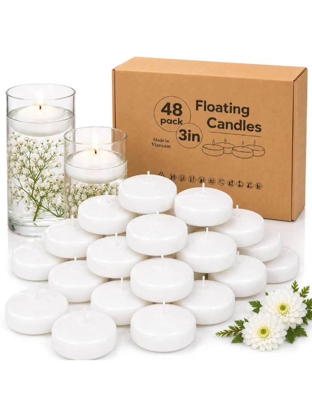 48 Pack White Floating Candles - 3 Inch, 8 Hour Burn Time, Real Wax Decor